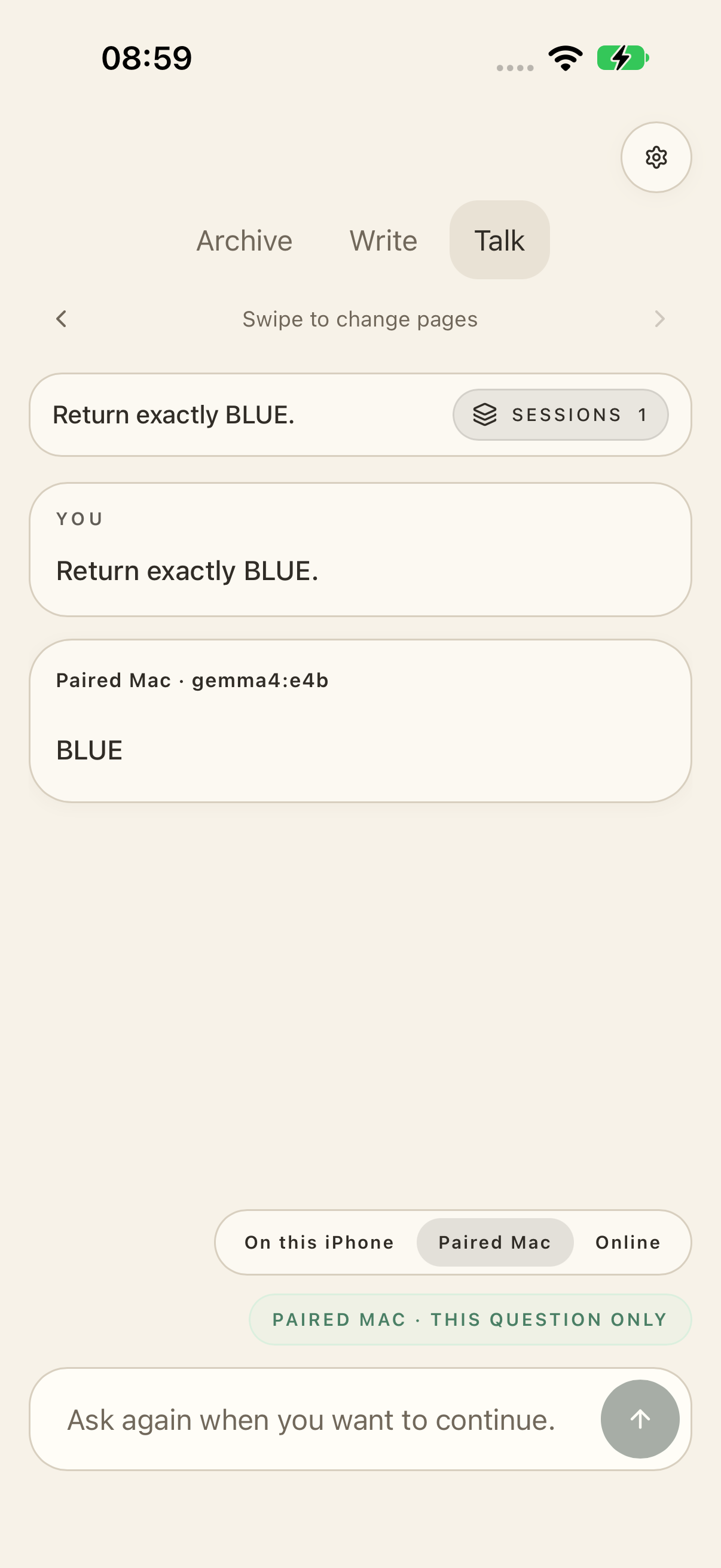 Moirion on iPhone · paired Mac · gemma4:e4b · synthetic question · recorded 5 October 2026